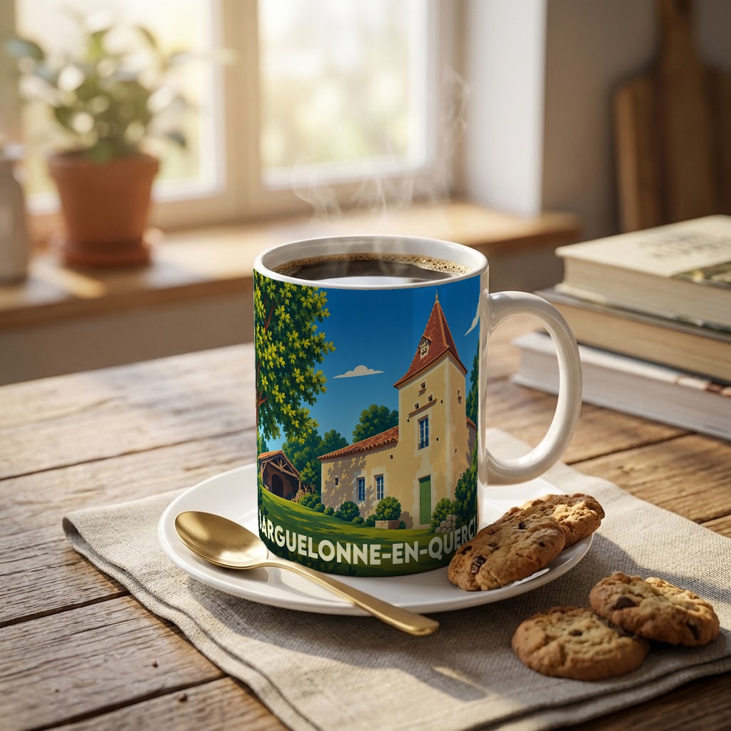 Mug souvenir de la ville de Barguelonne-en-Quercy avec une illustration stylisée de son patrimoine architectural.