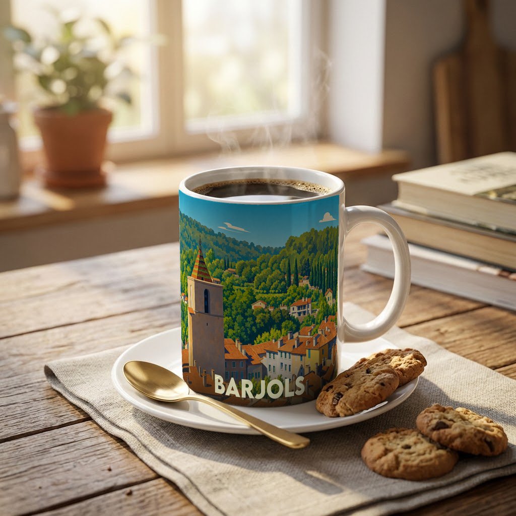 Mug souvenir de la ville de Barjols avec une illustration stylisée d'un paysage provençal.