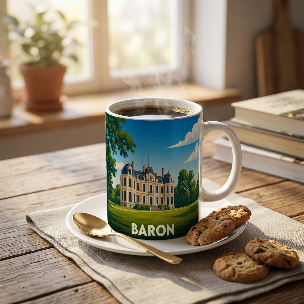Mug souvenir de la ville de Baron illustré d'un château majestueux sur un fond de paysage verdoyant.