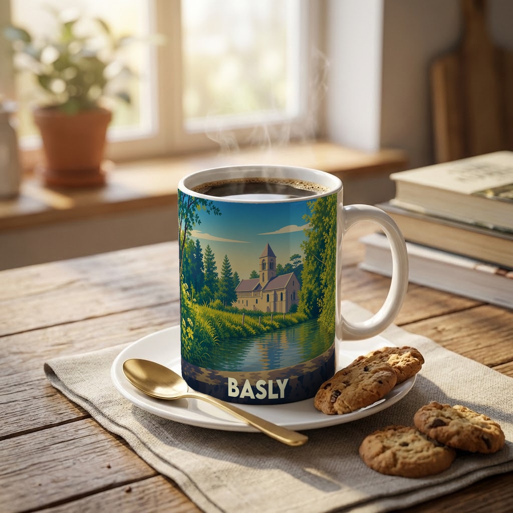 Mug souvenir de la ville de Basly avec une illustration stylisée d'une église au bord de l'eau.