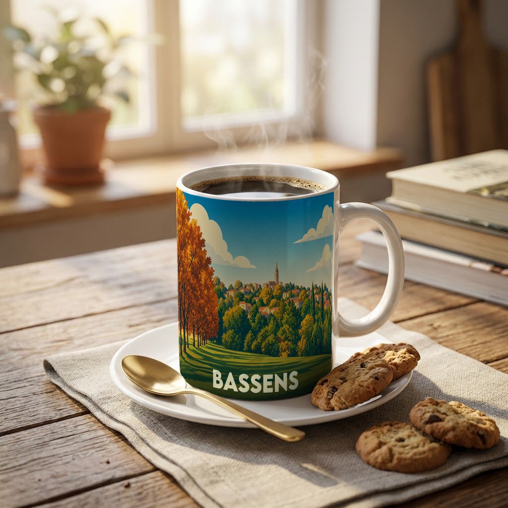 Mug souvenir de la ville de Bassens orné d'une illustration paysagère stylisée.