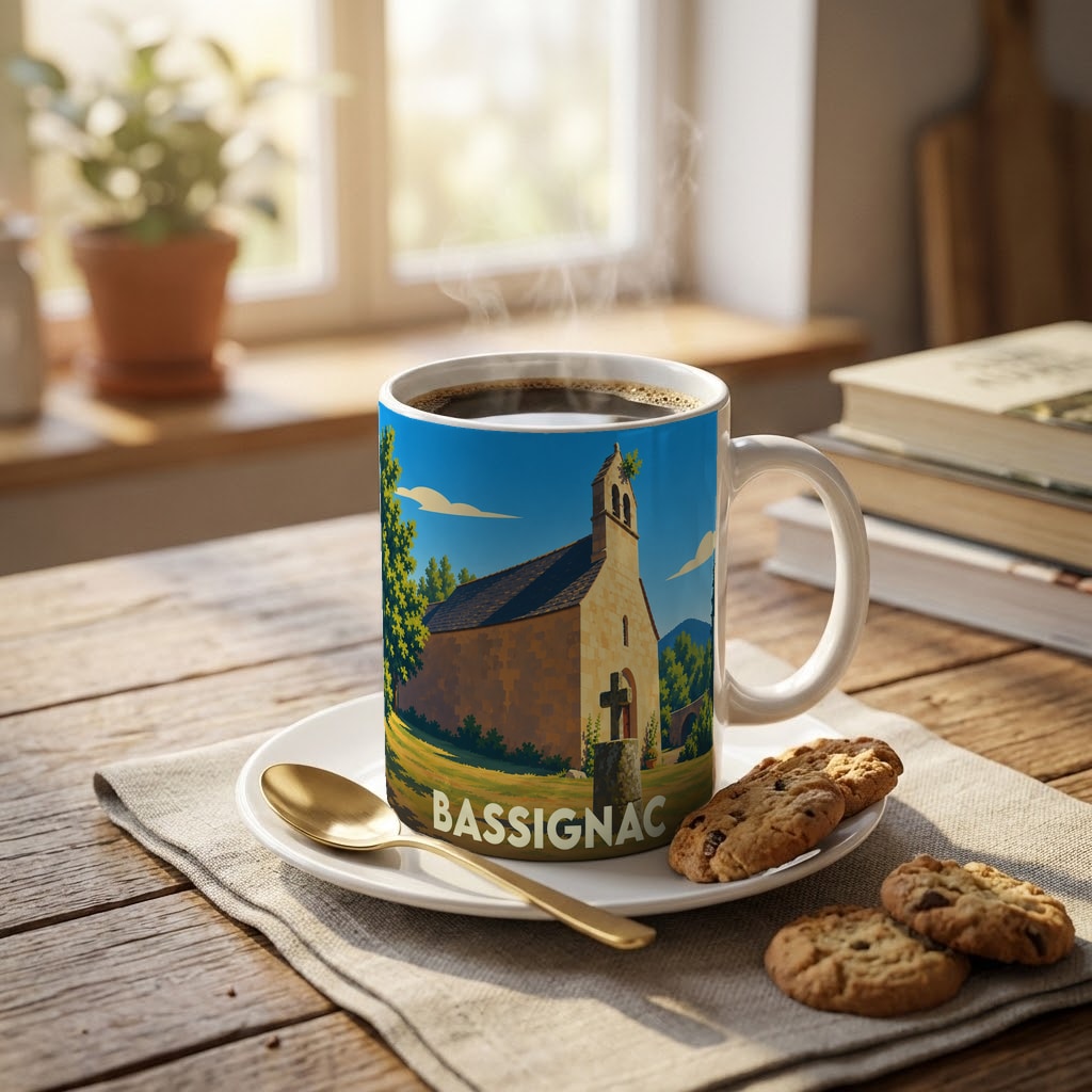 Mug souvenir de la ville de Bassignac orné d'une illustration stylisée de son église.