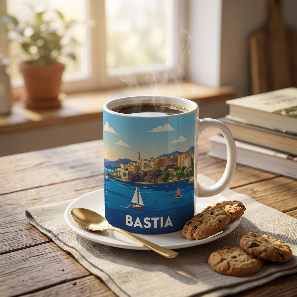 Mug souvenir de la ville de Bastia avec une illustration stylisée de son port et de ses bateaux.
