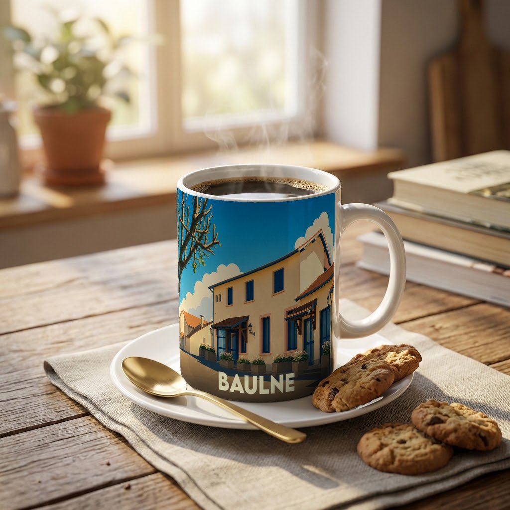 Mug souvenir de la ville de Baulne avec une illustration stylisée d'un bâtiment sous un ciel bleu.