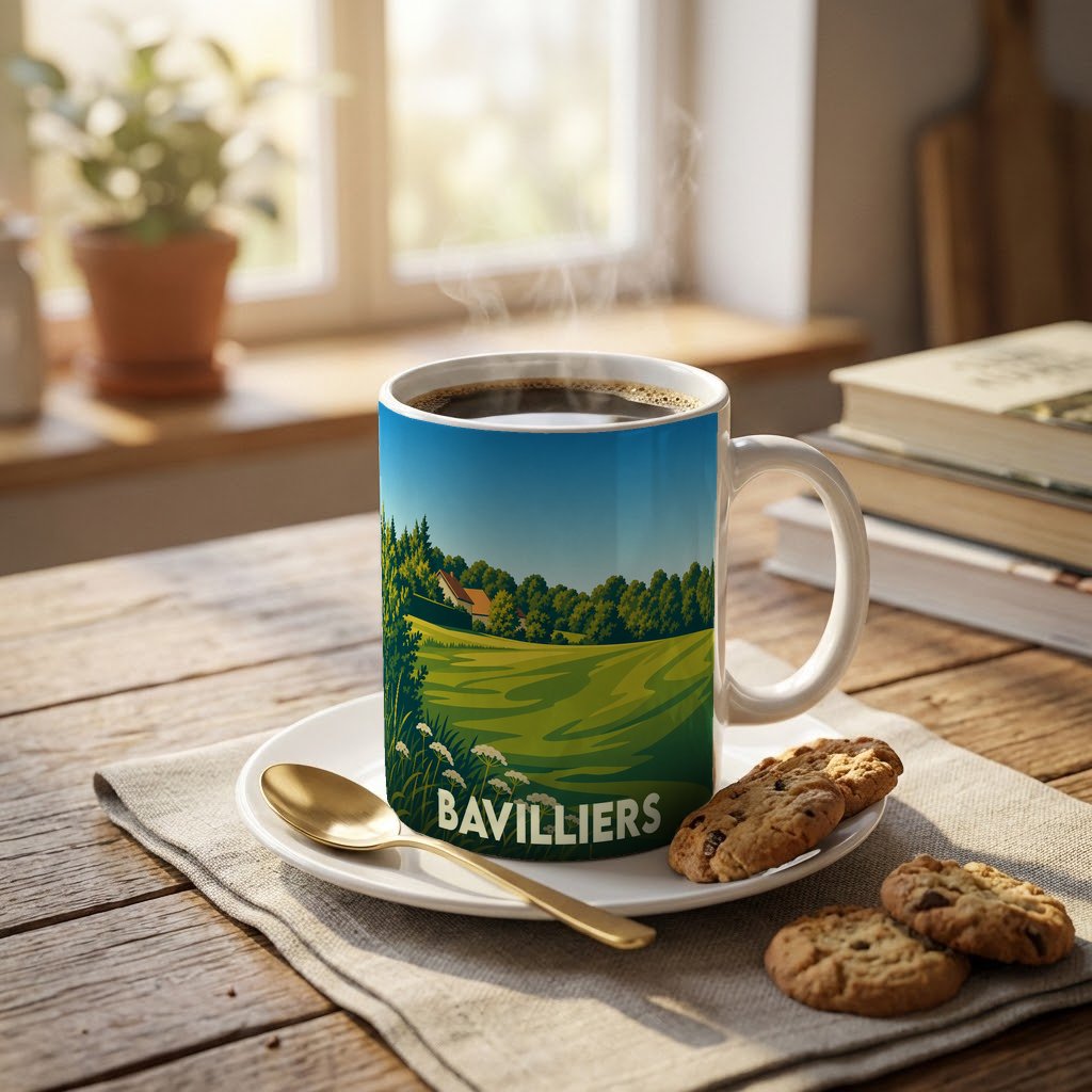 Mug souvenir de la ville de Bavilliers avec une illustration stylisée de paysages verdoyants.