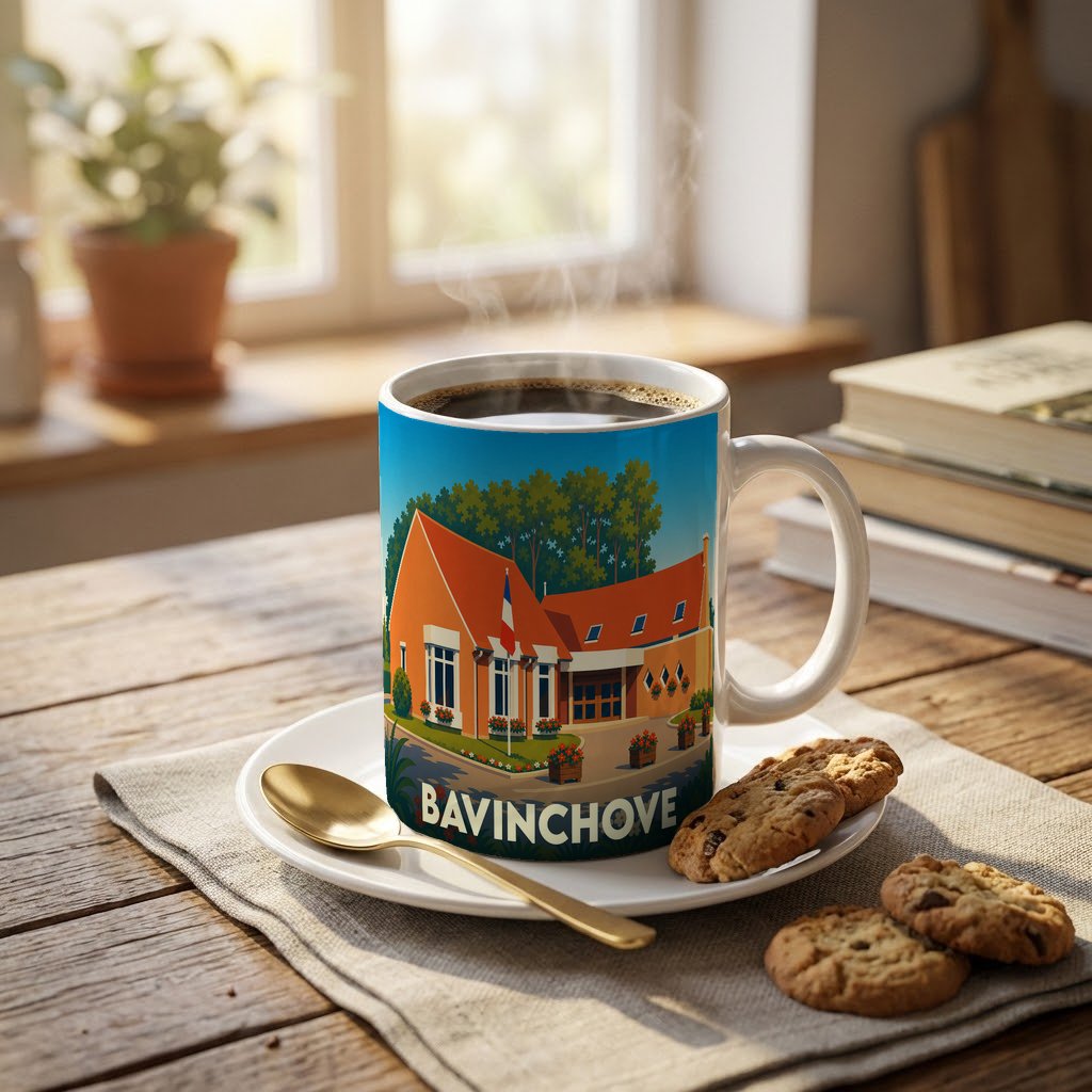 Mug souvenir de la ville de Bavinchove avec une illustration stylisée d'un bâtiment local.