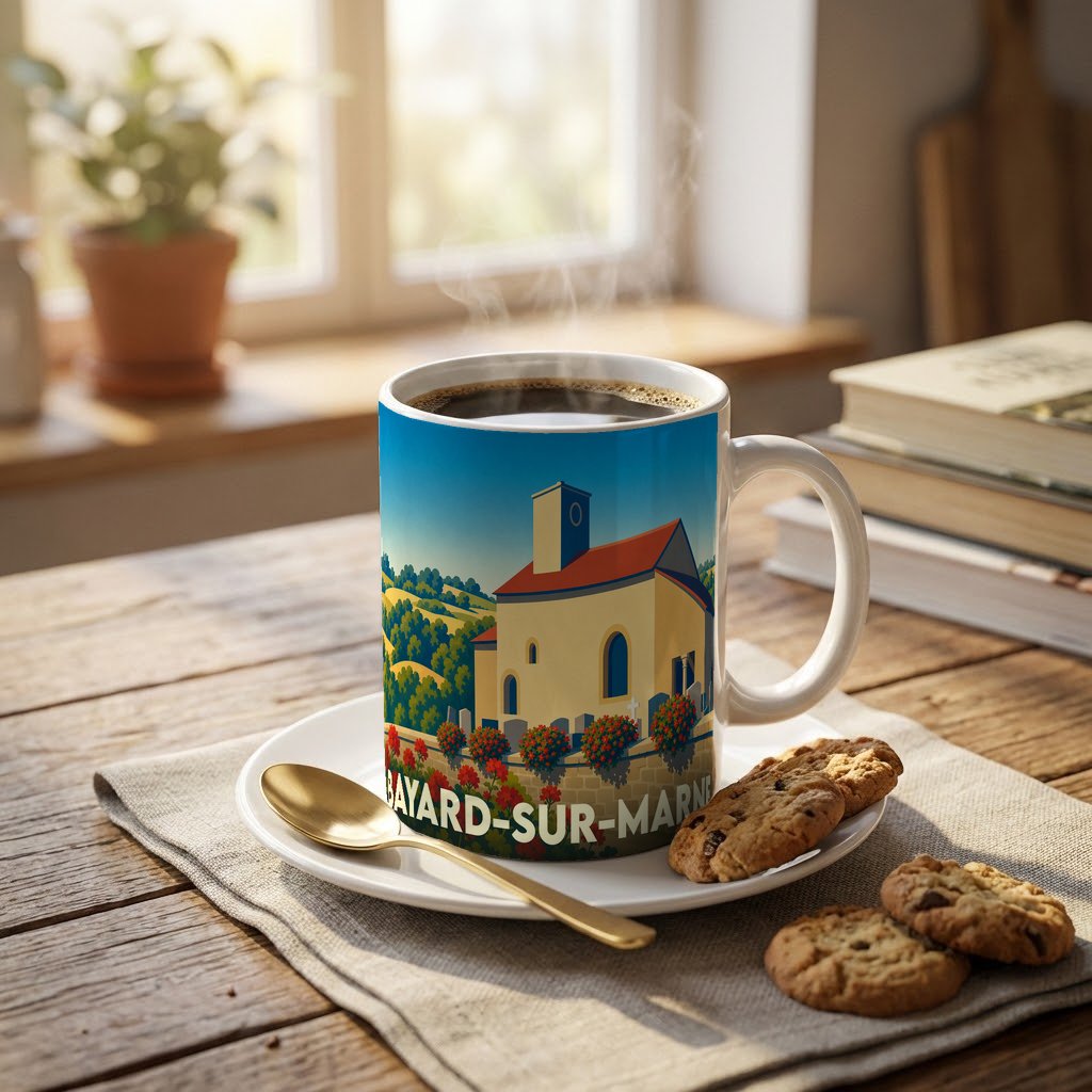 Mug souvenir de la ville de Bayard-sur-Marne orné d'une illustration stylisée de son église et de paysages vallonnés.