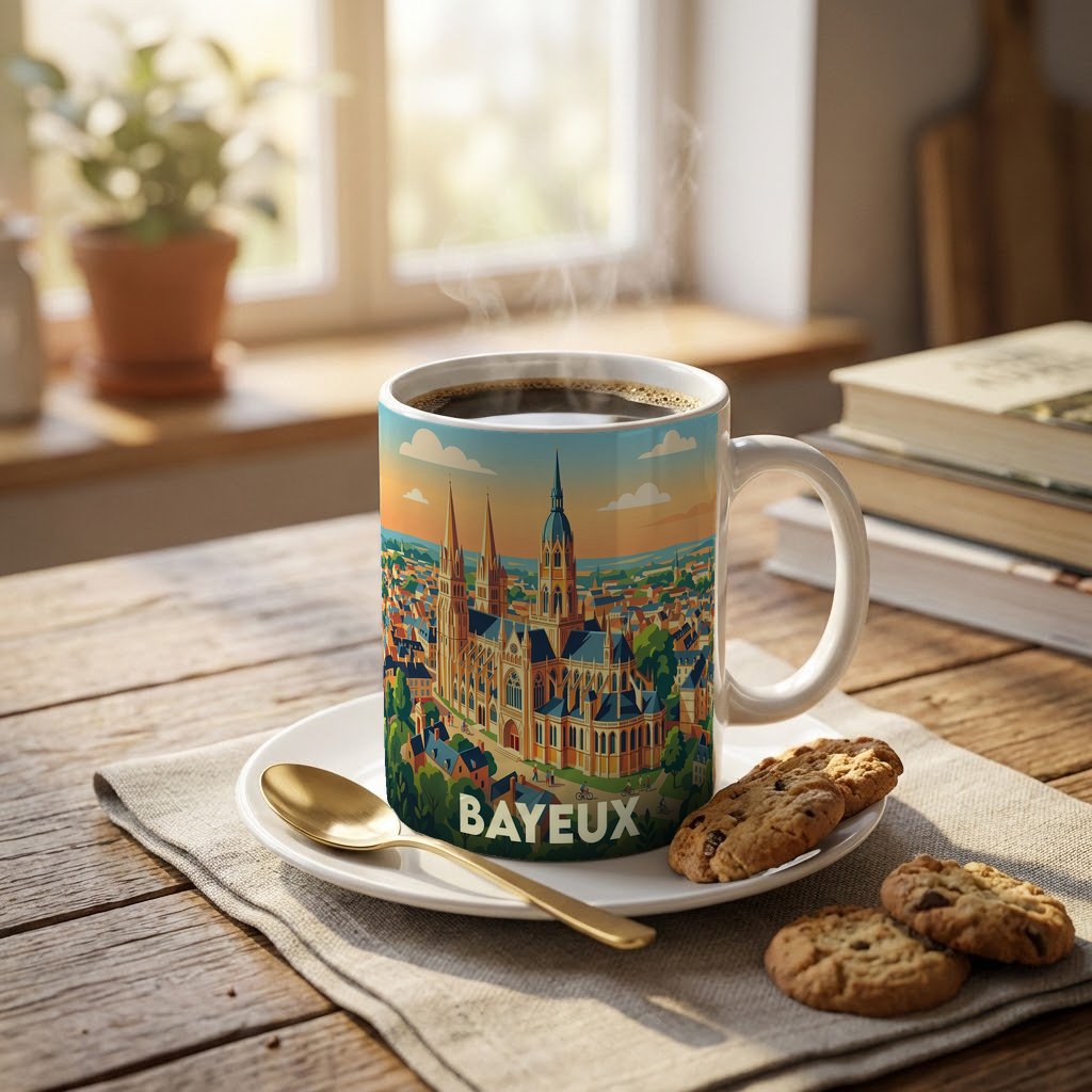 Mug souvenir de la ville de Bayeux avec une illustration stylisée.