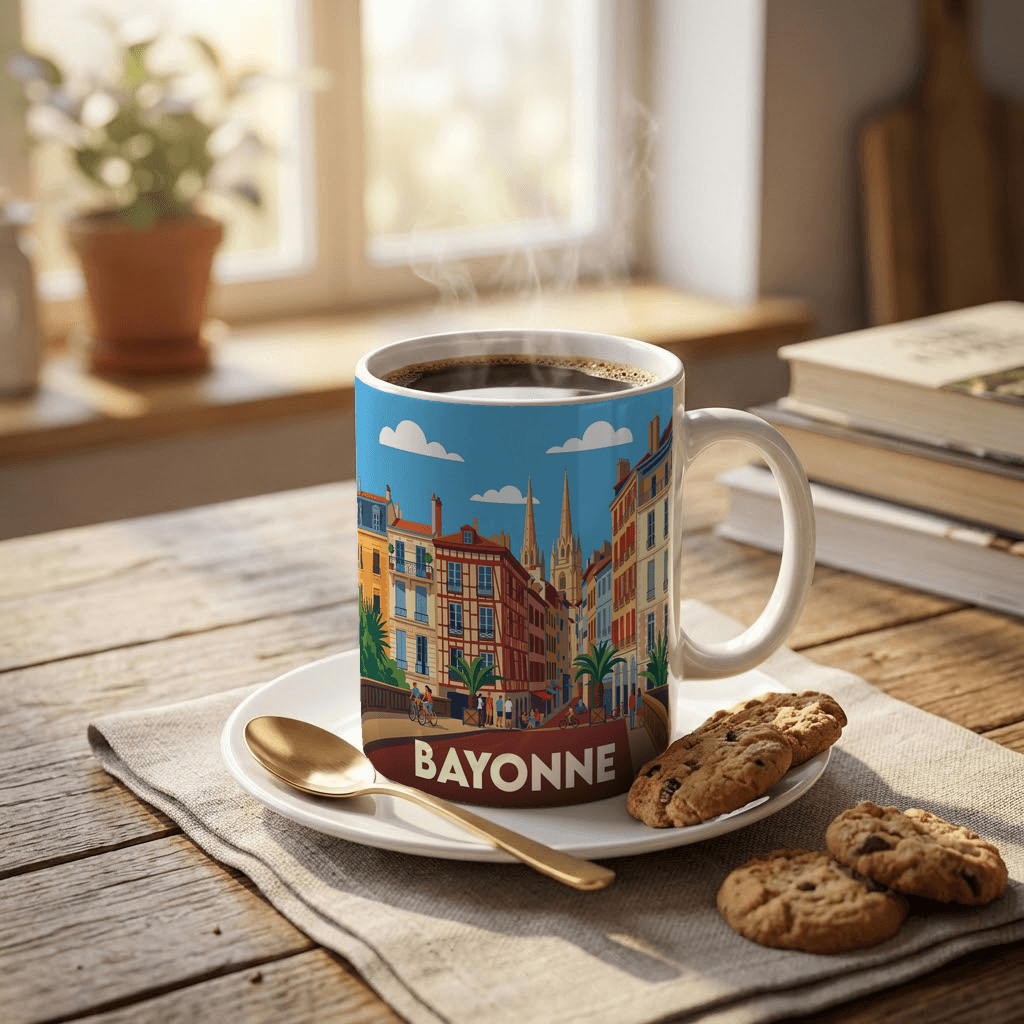 Mug souvenir de la ville de Bayonne avec une illustration stylisée.