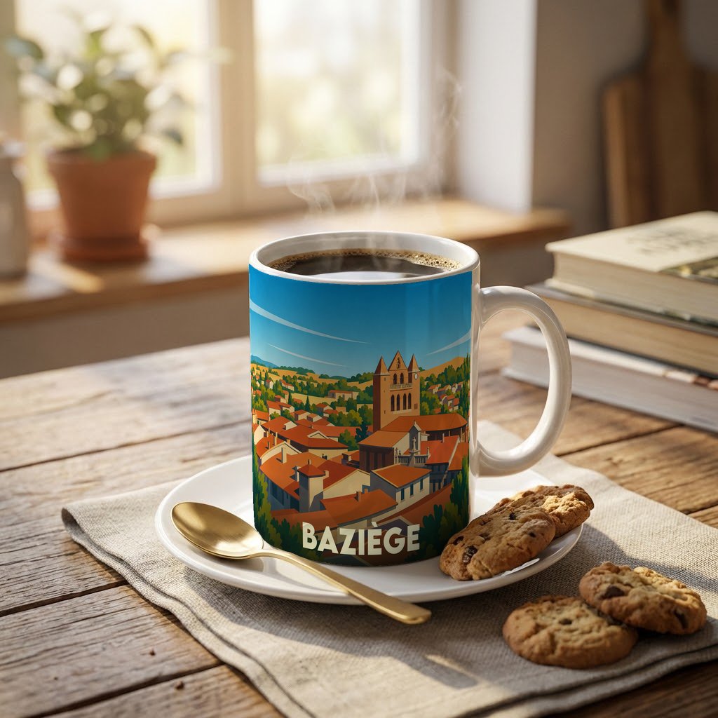 Mug souvenir de la ville de Baziège avec une illustration stylisée d'un paysage urbain.
