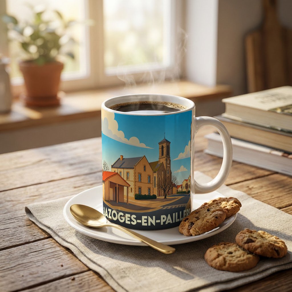 Mug souvenir de la ville de Bazoges-en-Paillers avec une illustration stylisée d'un paysage urbain.