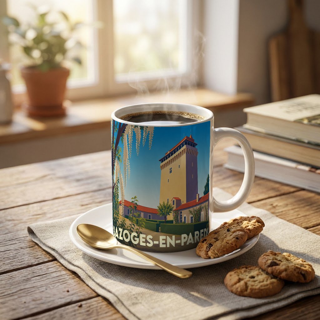Mug souvenir de la ville de Bazoges-en-Pareds avec une illustration stylisée de son donjon médiéval.