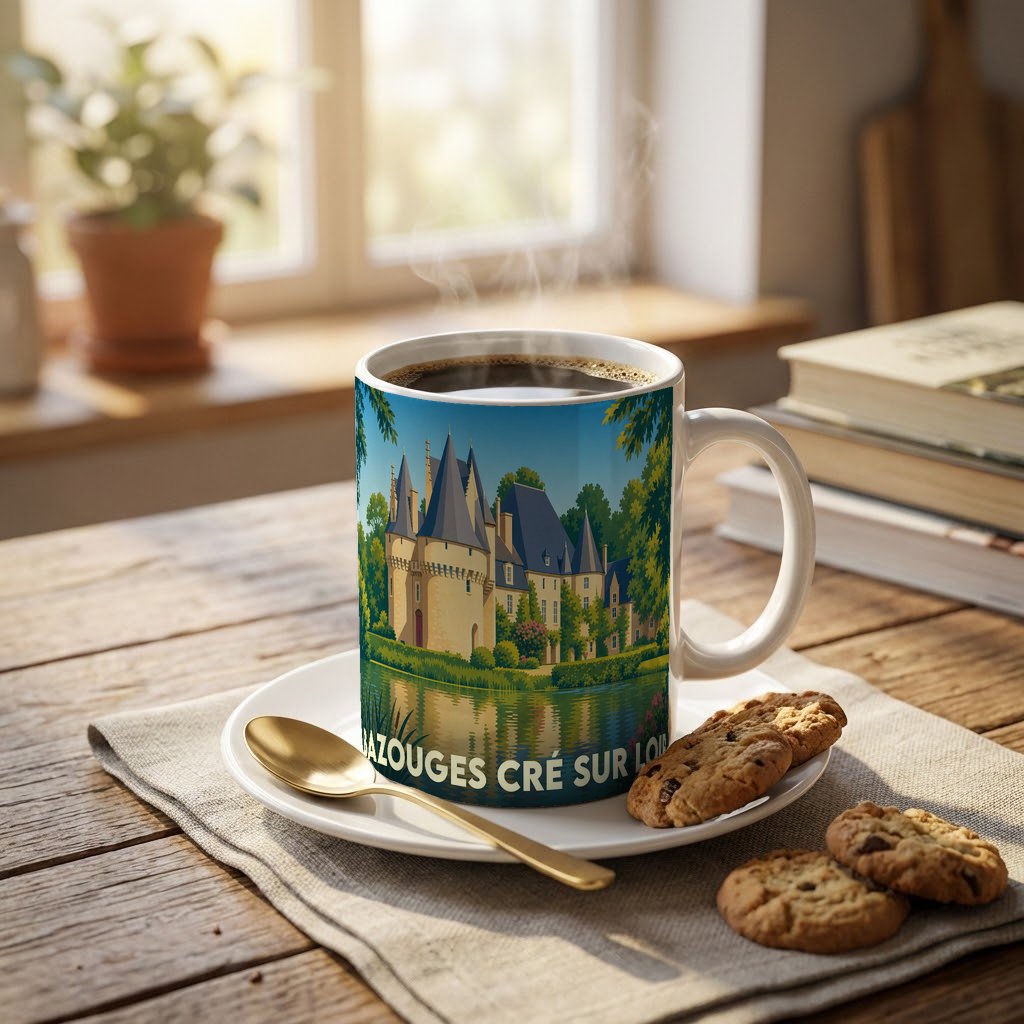 Mug souvenir de la commune de Bazouges Cré sur Loir illustré d'un château en bord de l'eau.