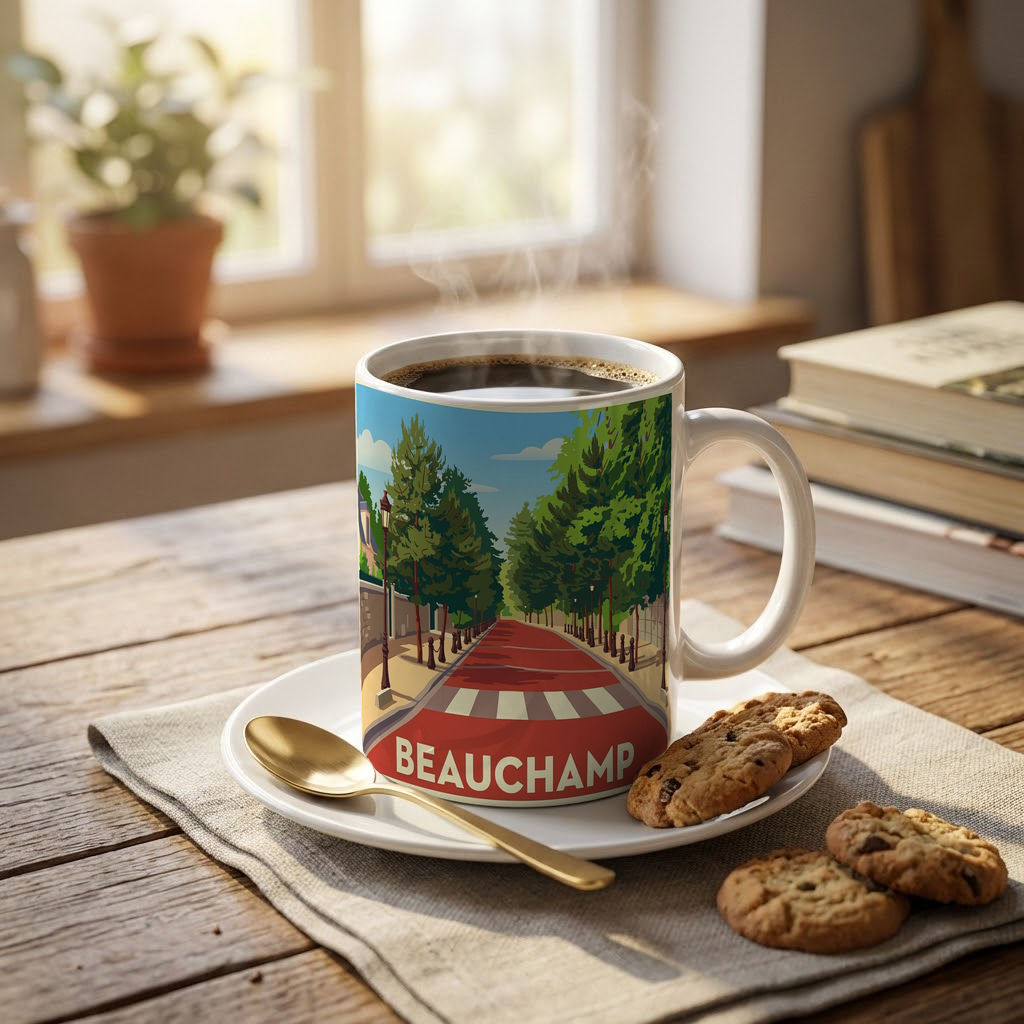 Mug souvenir de la ville de Beauchamp avec une illustration stylisée d'une avenue boisée.