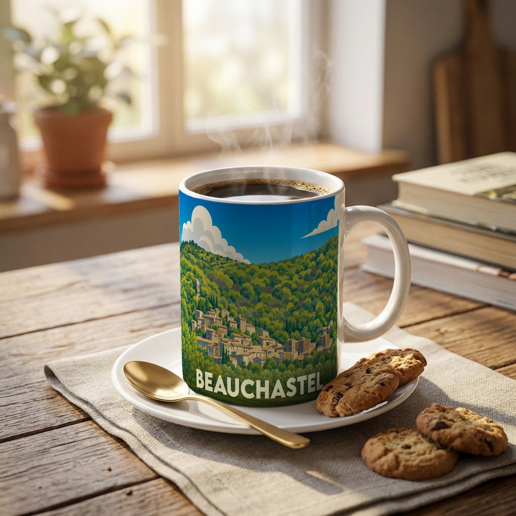 Mug souvenir de la ville de Beauchastel orné d'une illustration stylisée d'un village niché dans des collines boisées.