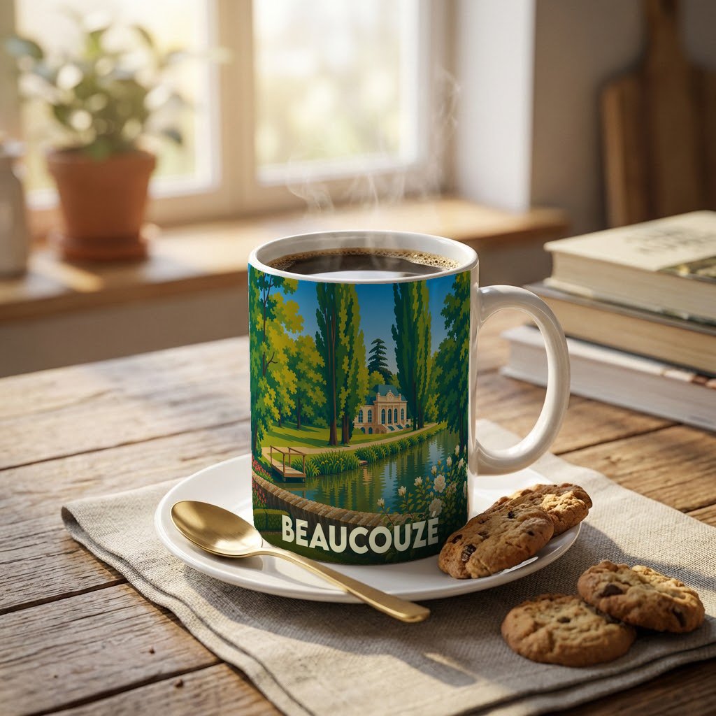 Mug souvenir de la ville de Beaucouzé avec une illustration stylisée d'un parc paysager au bord de l'eau.
