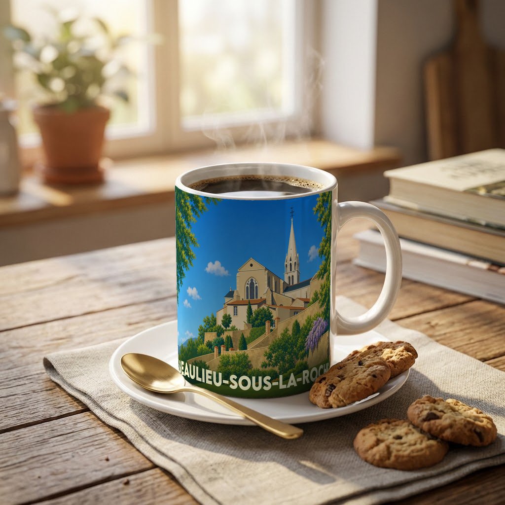 Mug souvenir de la ville de Beaulieu-sous-la-Roche orné d'une illustration stylisée de son église et de ses jardins.