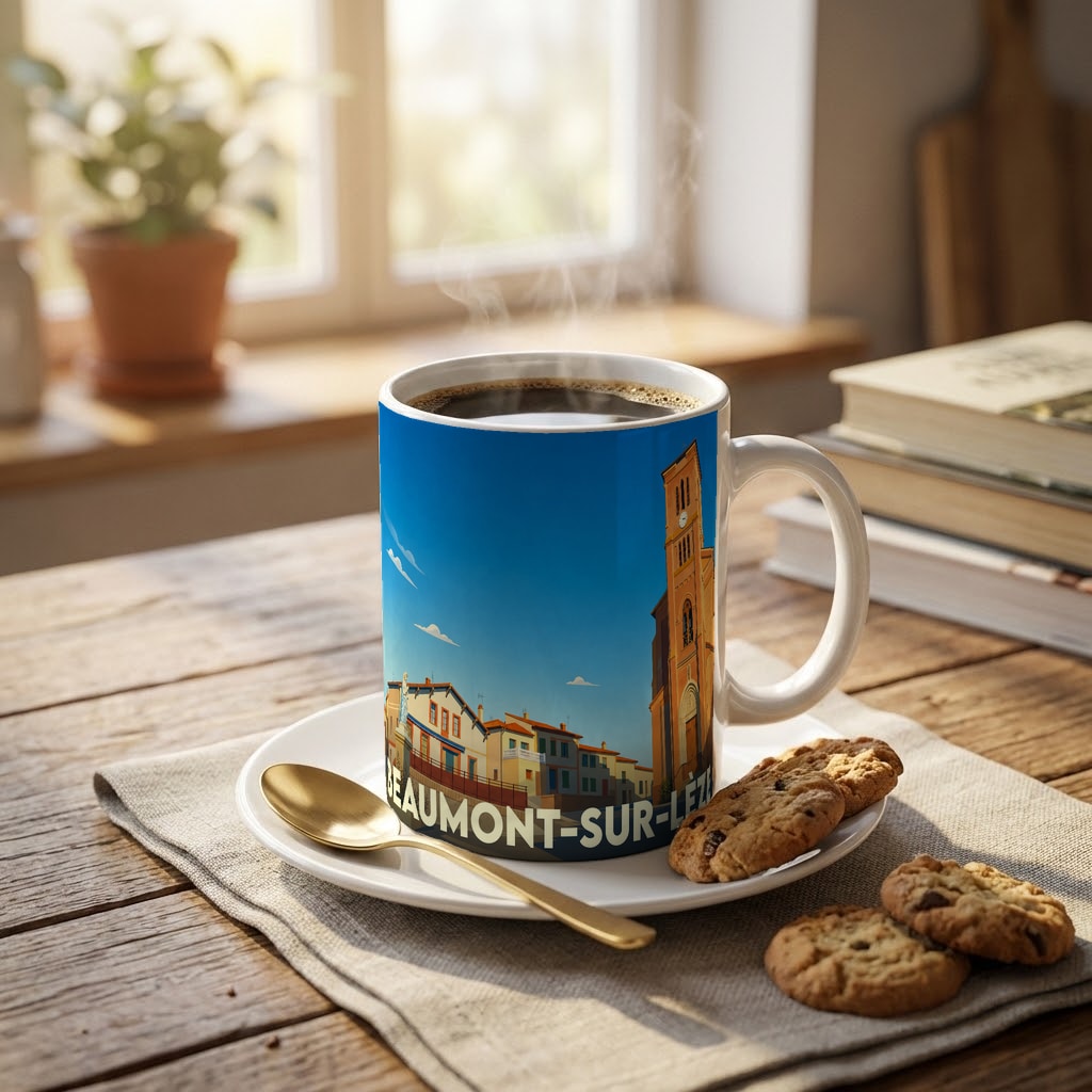 Mug souvenir de la ville de Beaumont-sur-Lèze avec une illustration stylisée.