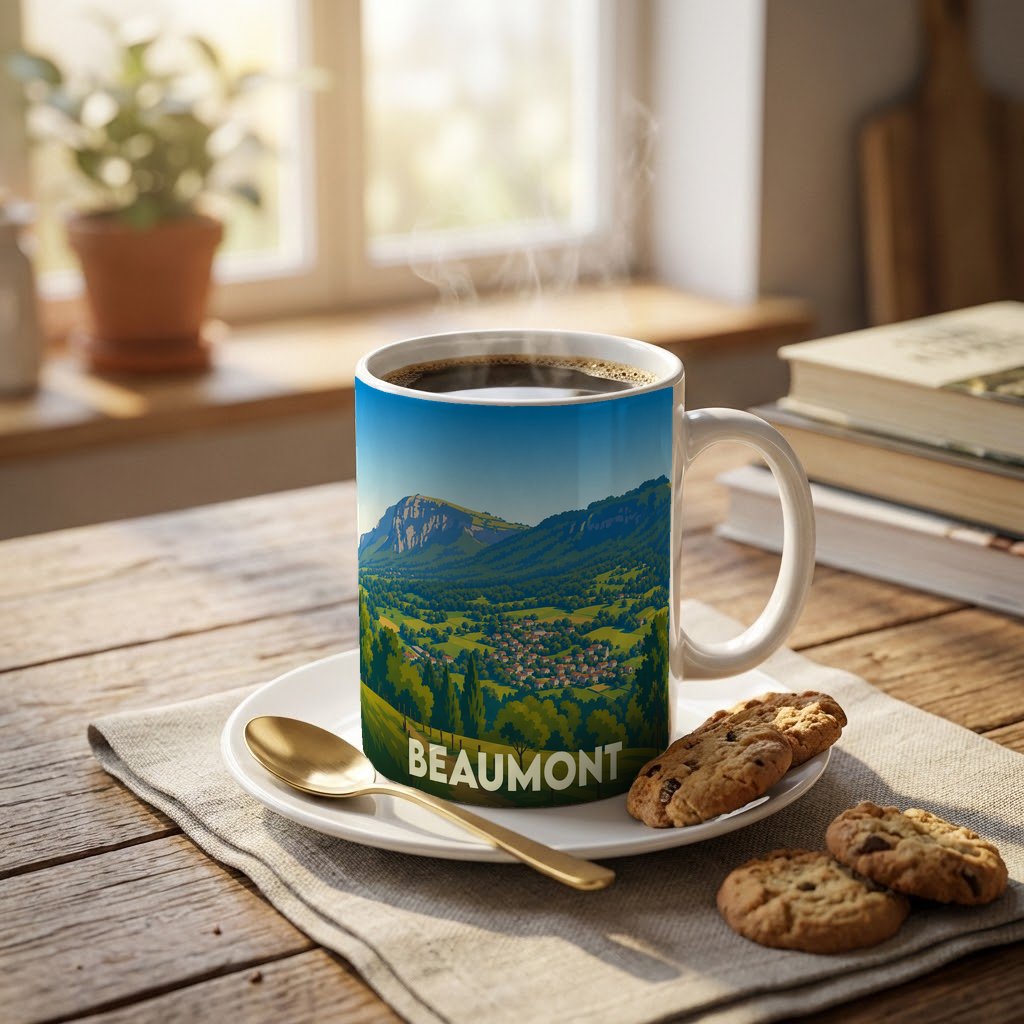 Mug souvenir de la ville de Beaumont orné d'une illustration paysagère stylisée.