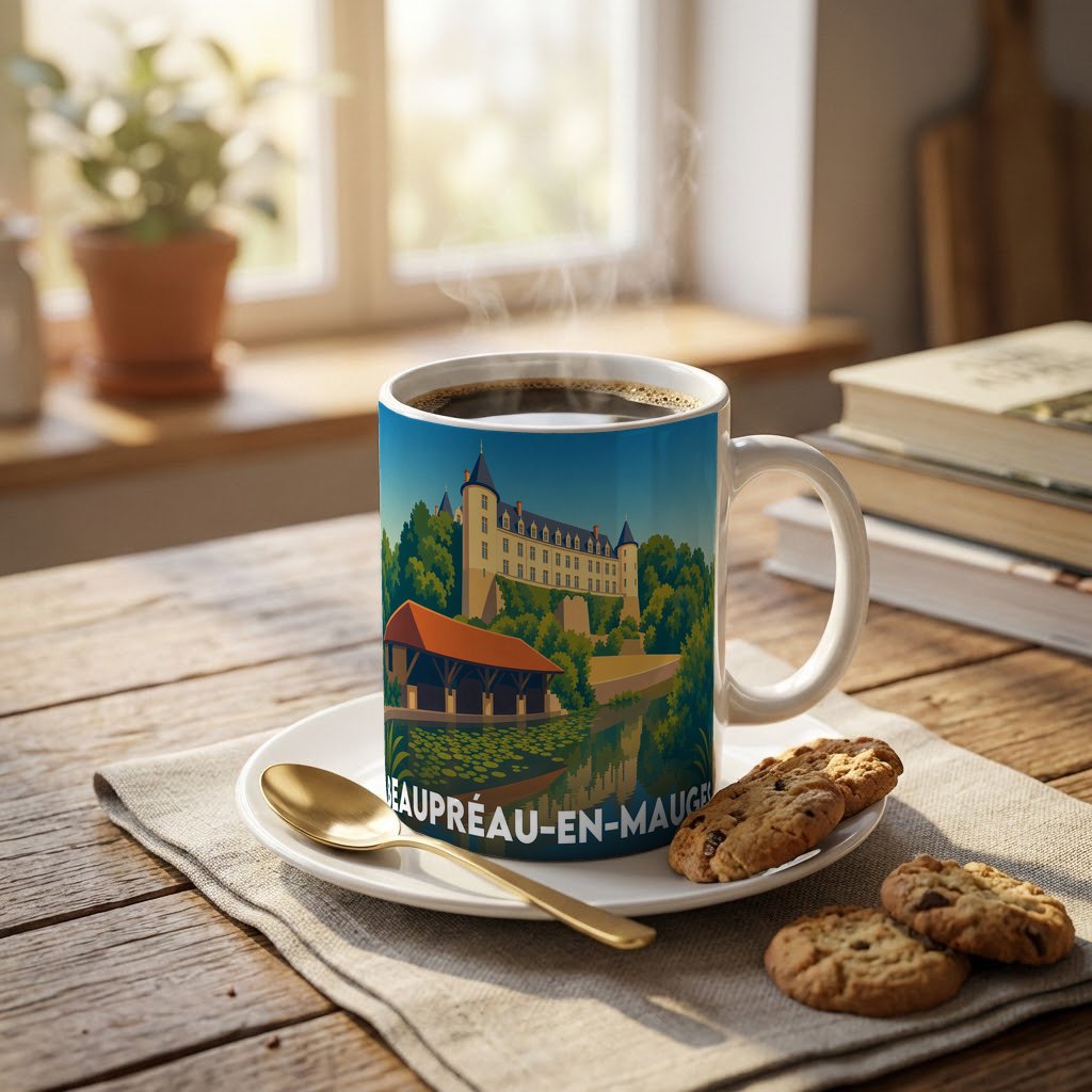 Mug souvenir de la ville de Beaupréau-en-Mauges avec une illustration stylisée.