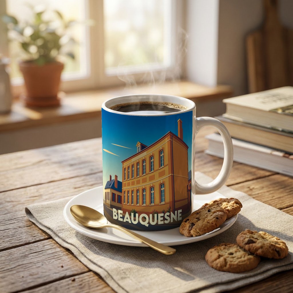 Mug souvenir de la ville de Beauquesne avec une illustration stylisée d'un bâtiment historique.