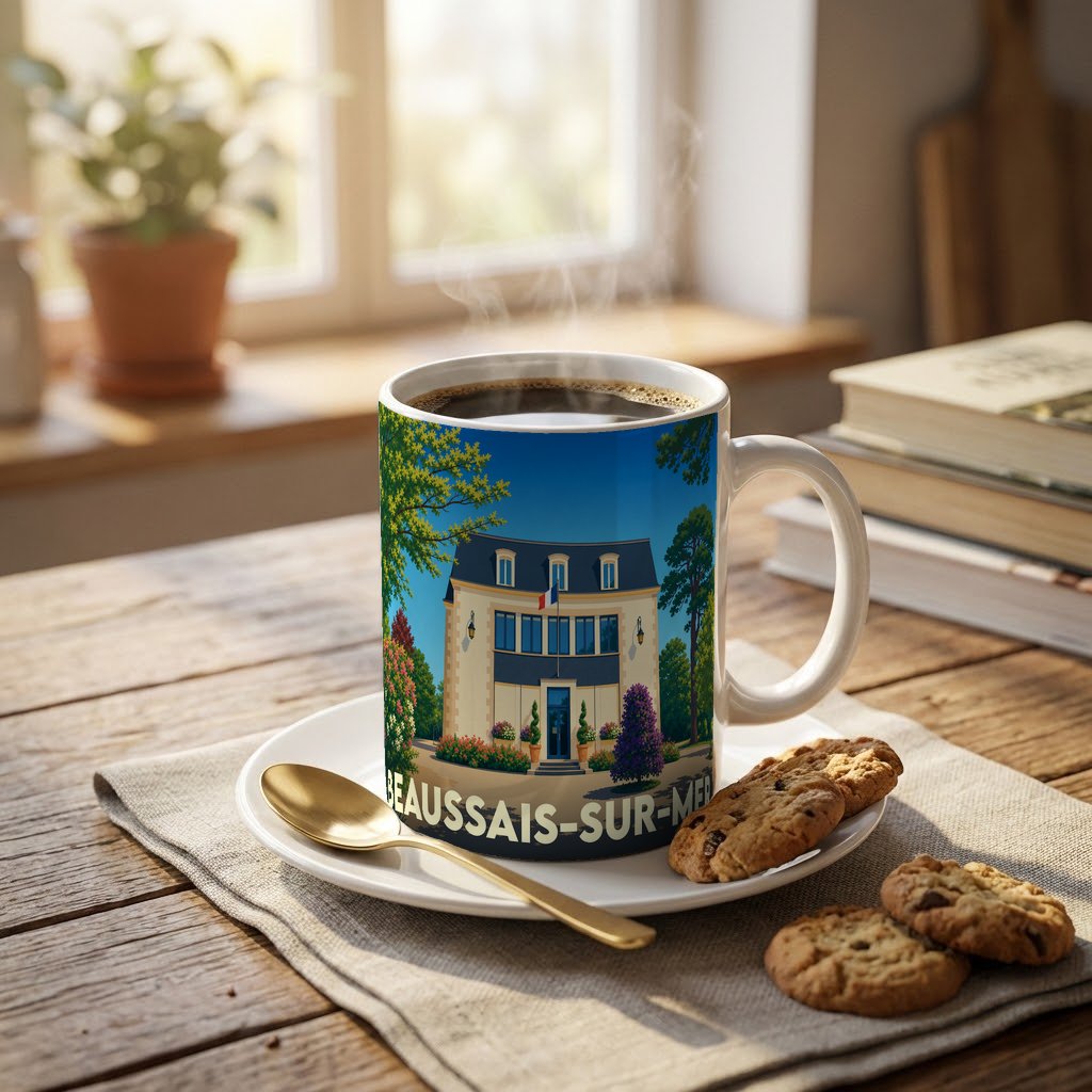 Mug souvenir de la ville de Beaussais-sur-Mer avec une illustration stylisée d'un bâtiment élégant sous un ciel bleu.