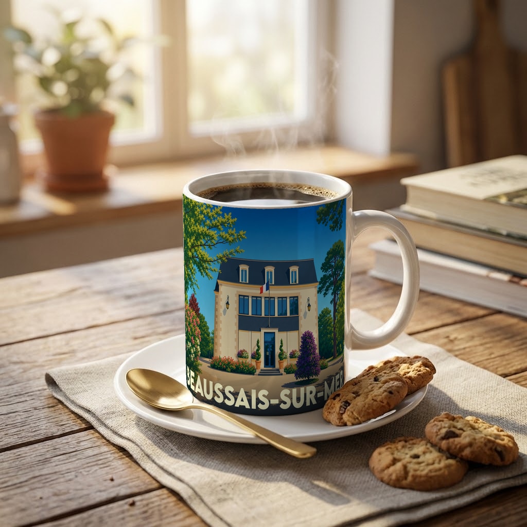 Mug souvenir de la ville de Beaussais-sur-Mer avec une illustration stylisée d'un bâtiment élégant sous un ciel bleu.