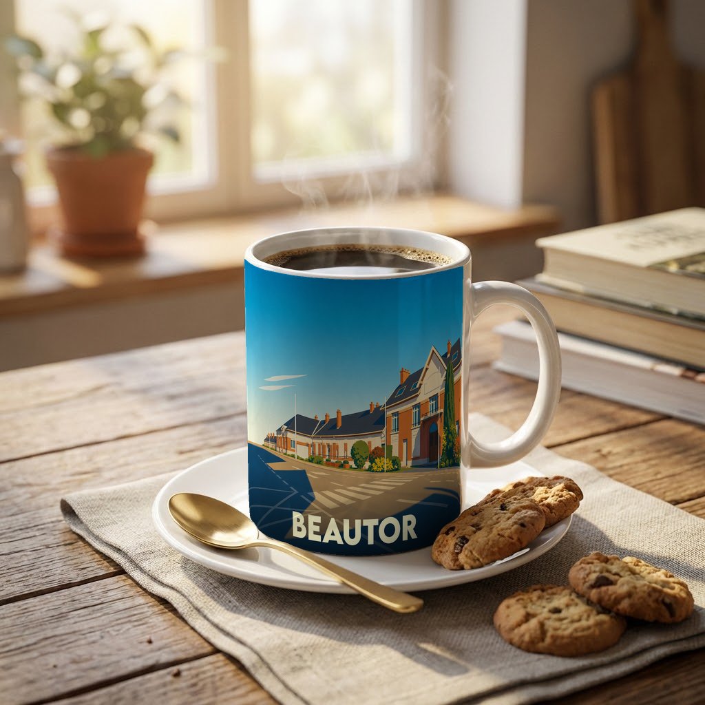 Mug souvenir de la ville de Beautor avec une illustration stylisée.