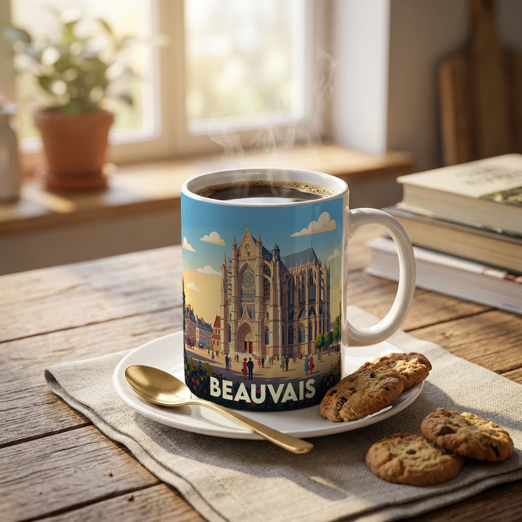 Mug souvenir de la ville de Beauvais avec une illustration stylisée de sa cathédrale.