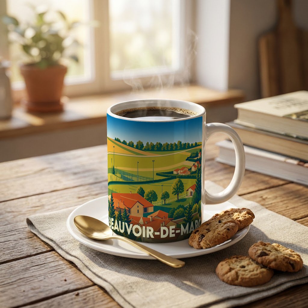 Mug souvenir de la ville de Beauvoir-de-Marc avec une illustration de paysage rural stylisée.