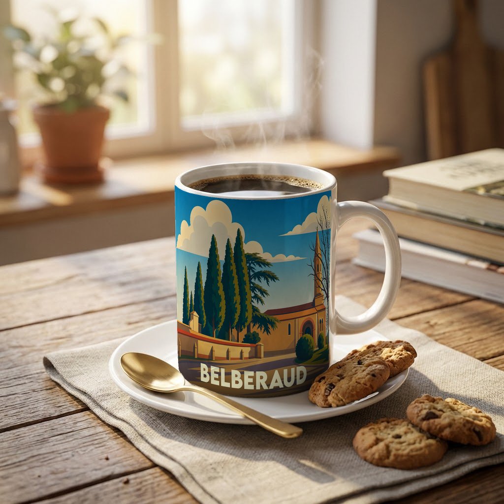 Mug souvenir de la ville de Belberaud avec une illustration stylisée d'un paysage local.