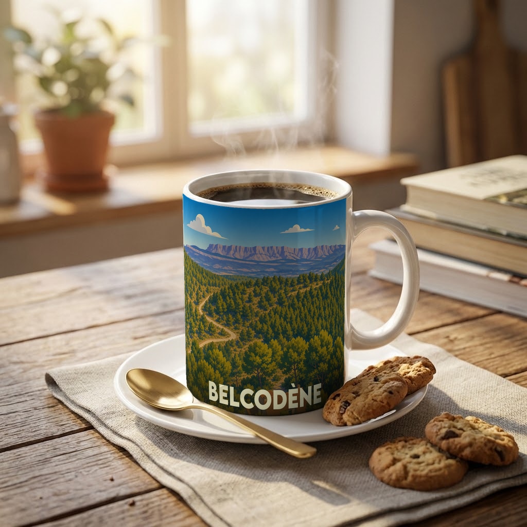 Mug souvenir de la ville de Belcodène avec une illustration stylisée de paysages vallonnés.