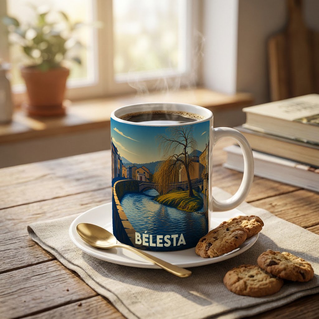 Mug souvenir de la ville de Bélesta orné d'une illustration stylisée d'un paysage fluvial.