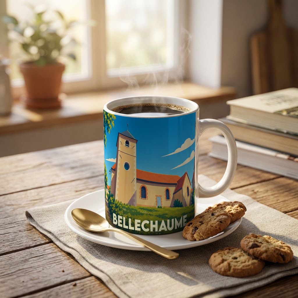 Mug souvenir de la ville de Bellechaume orné d'une illustration stylisée de son église.
