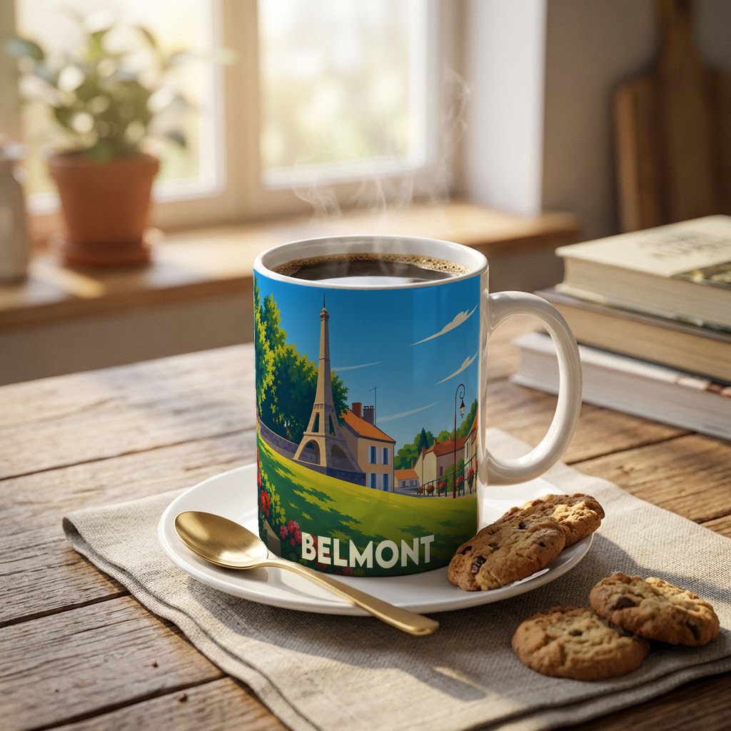 Mug souvenir de la ville de Belmont avec une illustration stylisée de la tour Eiffel et de paysages verdoyants.