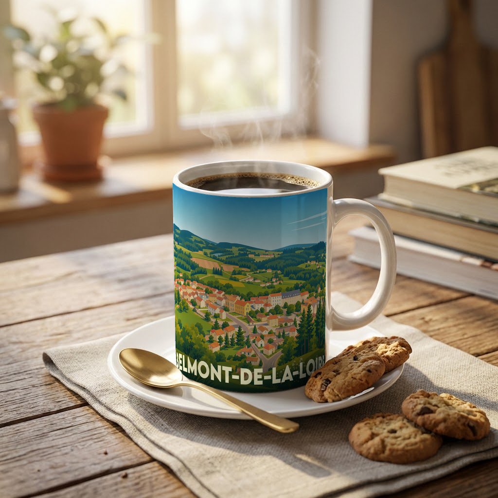 Mug souvenir de Belmont-de-la-Loire illustré d'un paysage de village vallonné.