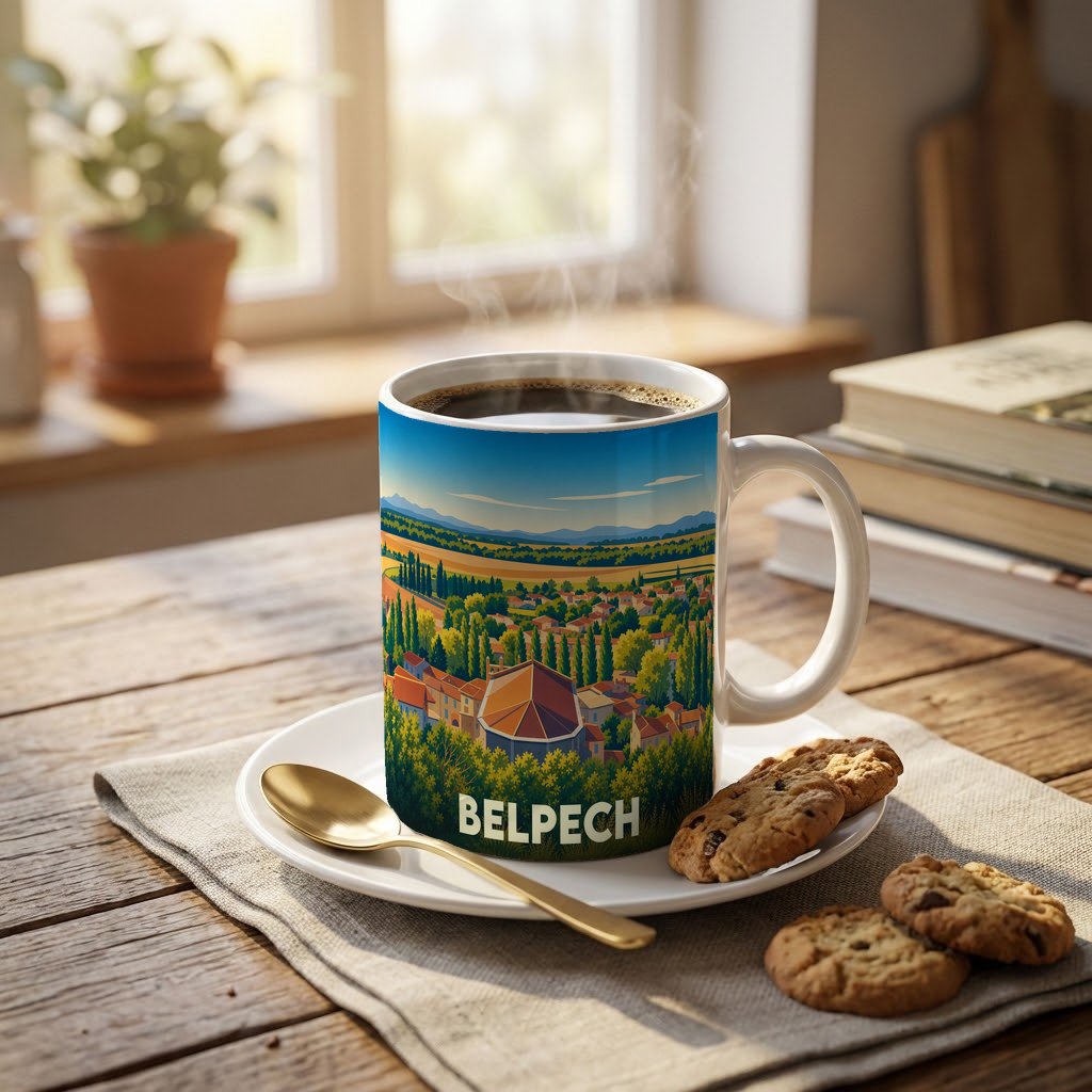Mug souvenir de la ville de Belpech orné d'une illustration paysagère colorée et stylisée.