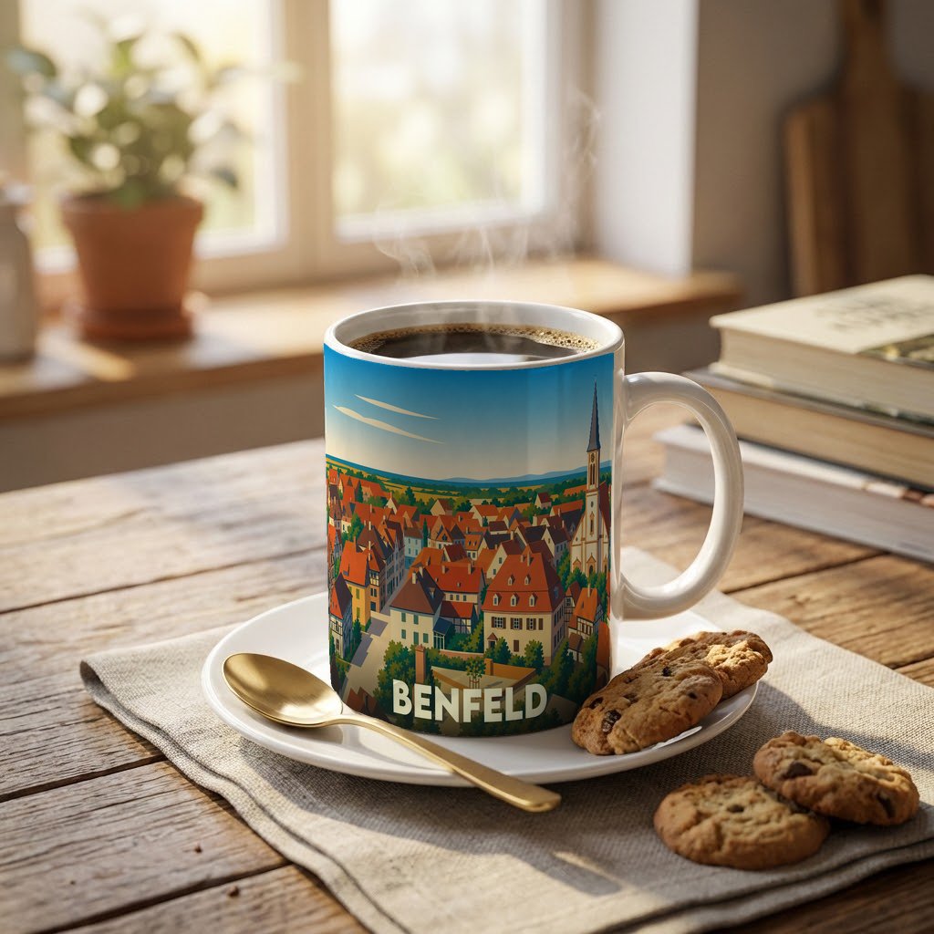 Mug souvenir de la ville de Benfeld avec une illustration stylisée d'un paysage urbain.