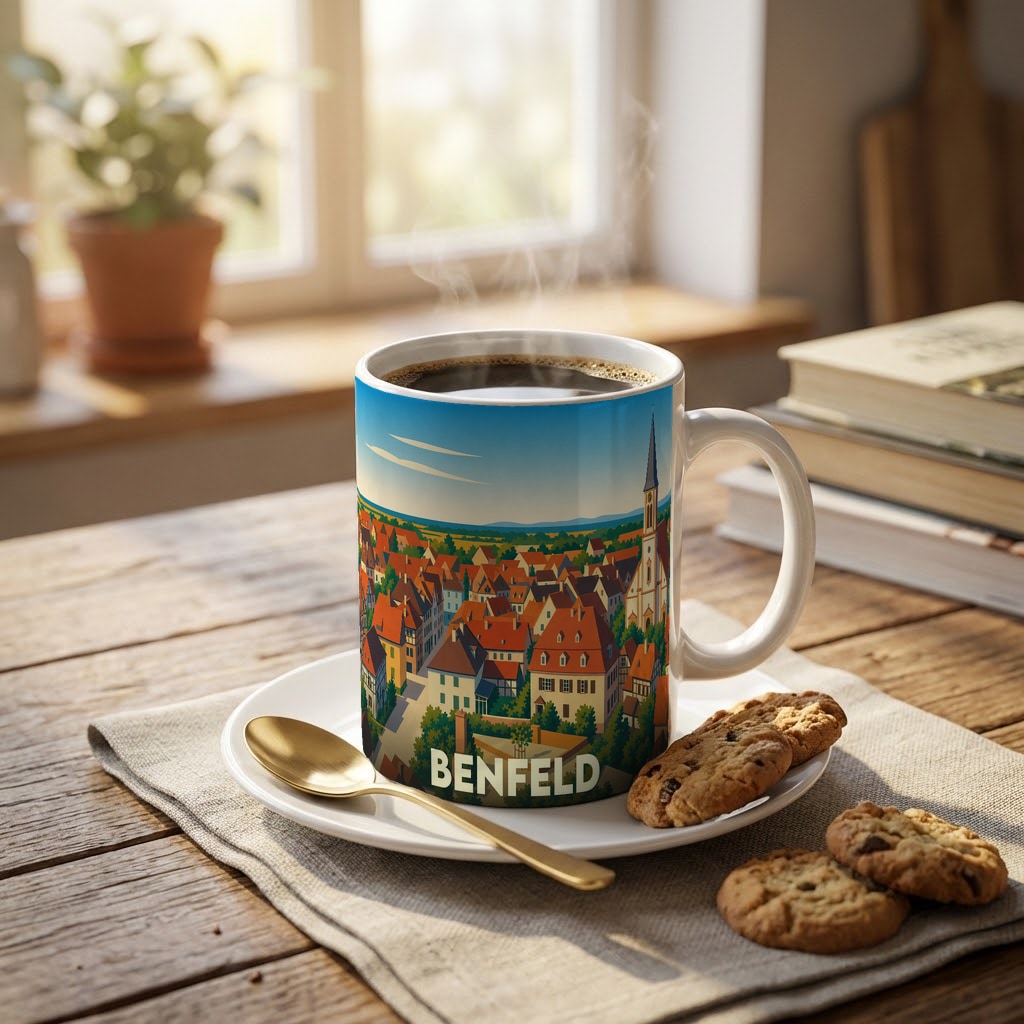 Mug souvenir de la ville de Benfeld orné d'une illustration colorée de ses toits et de son église.