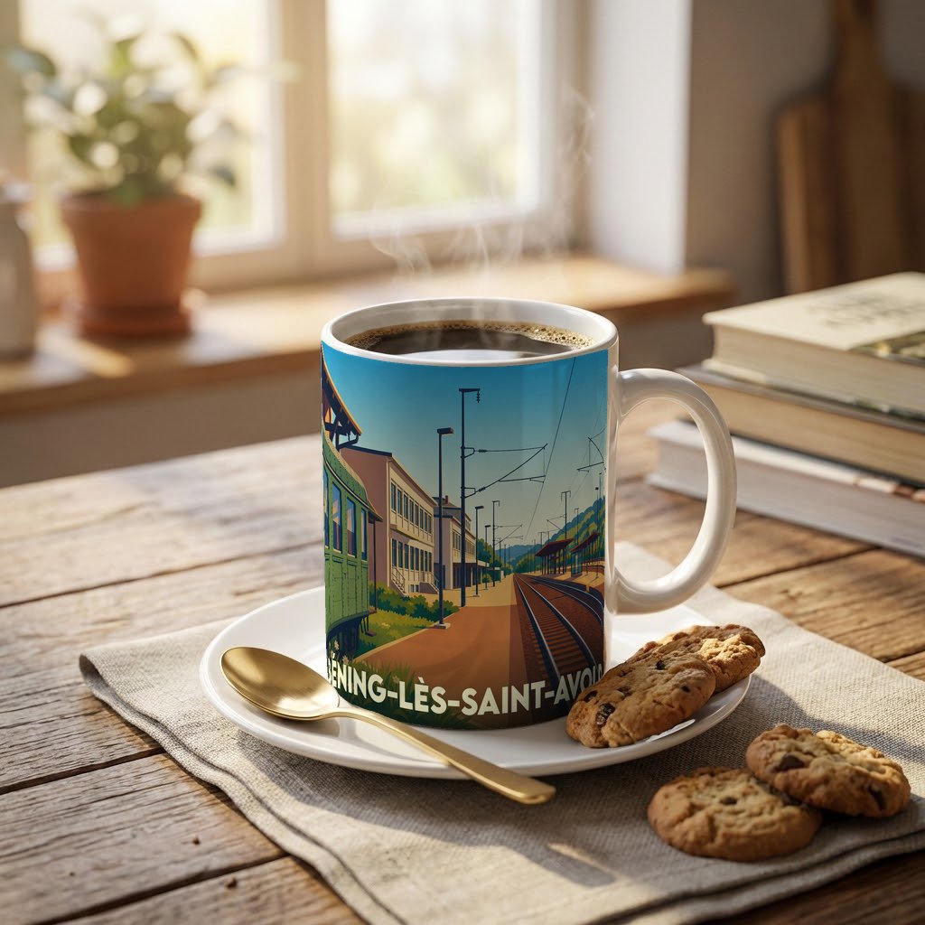 Mug souvenir de la ville de Béning-lès-Saint-Avold avec une illustration stylisée d'une gare ferroviaire.