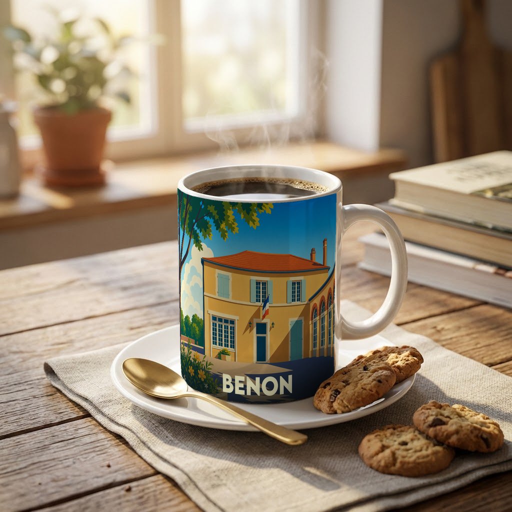Mug souvenir de la ville de Benon orné d'une illustration stylisée d'une maison traditionnelle.