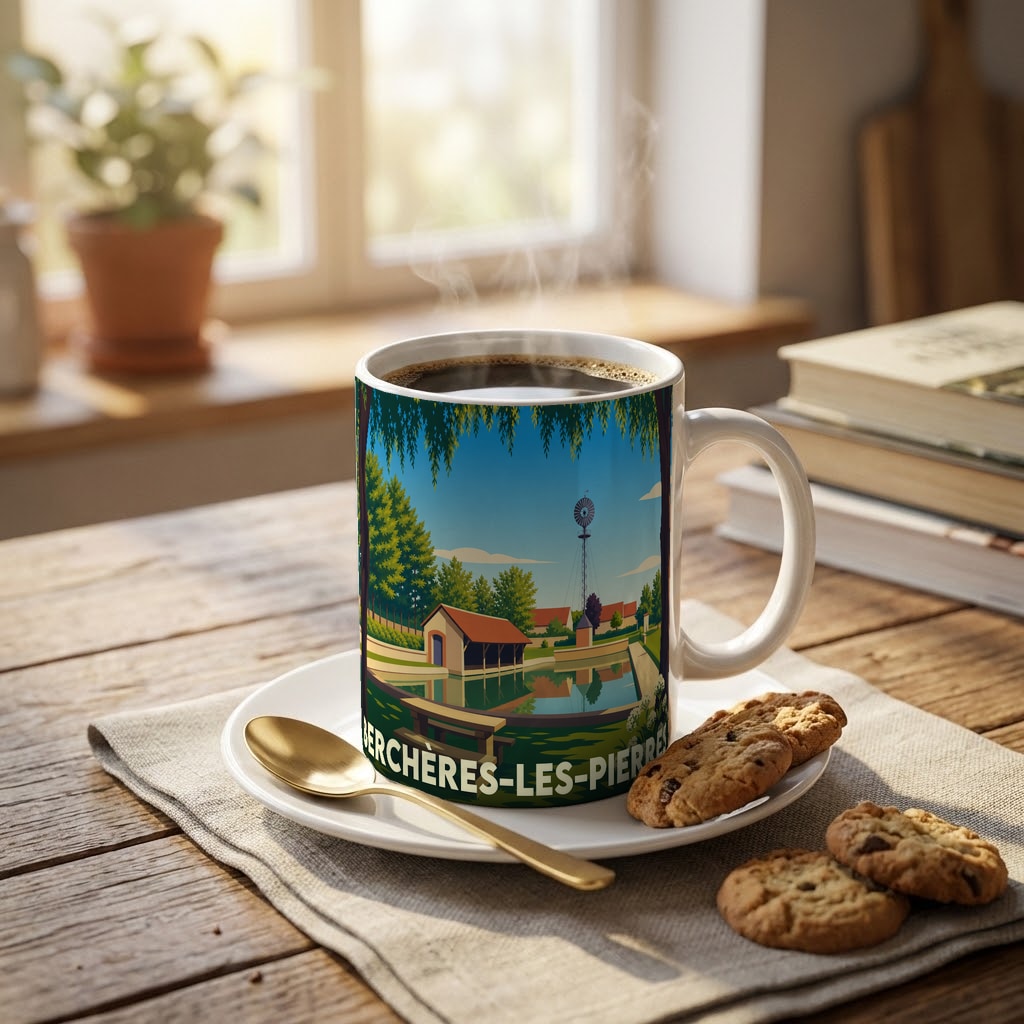 Mug souvenir de la ville de Berchères-les-Pierres illustré d'un paysage de parc champêtre au bord de l'eau.