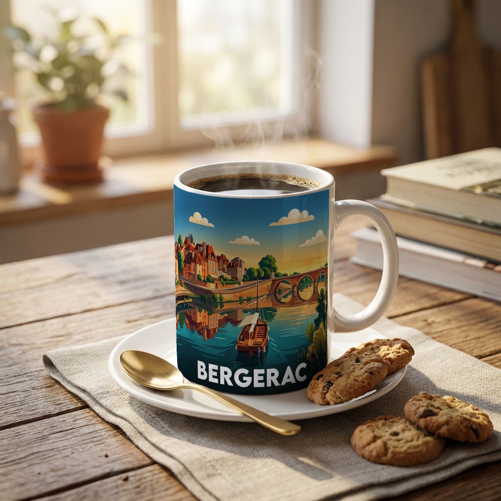 Mug souvenir de la ville de Bergerac avec une illustration stylisée représentant ses quais et son pont.