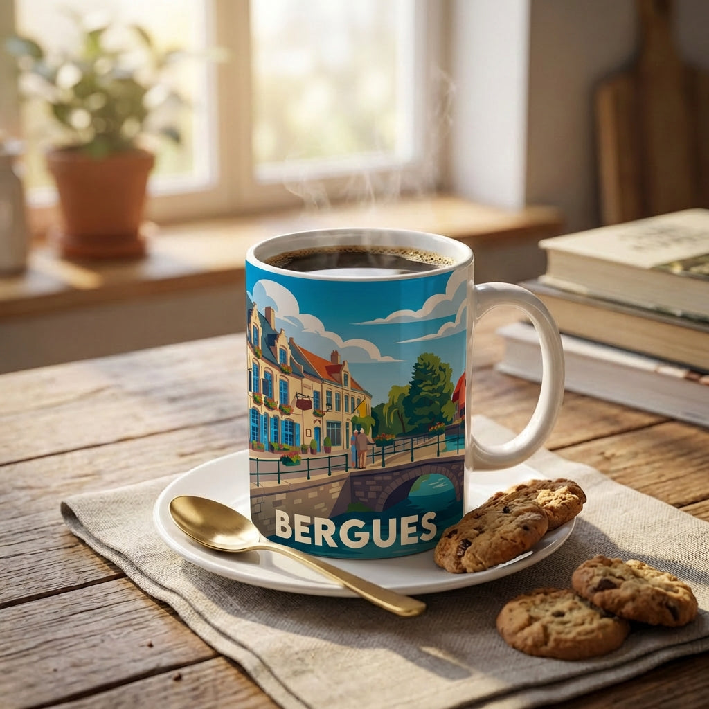 Mug souvenir de la ville de Bergues avec une illustration stylisée de ses canaux et de son architecture.