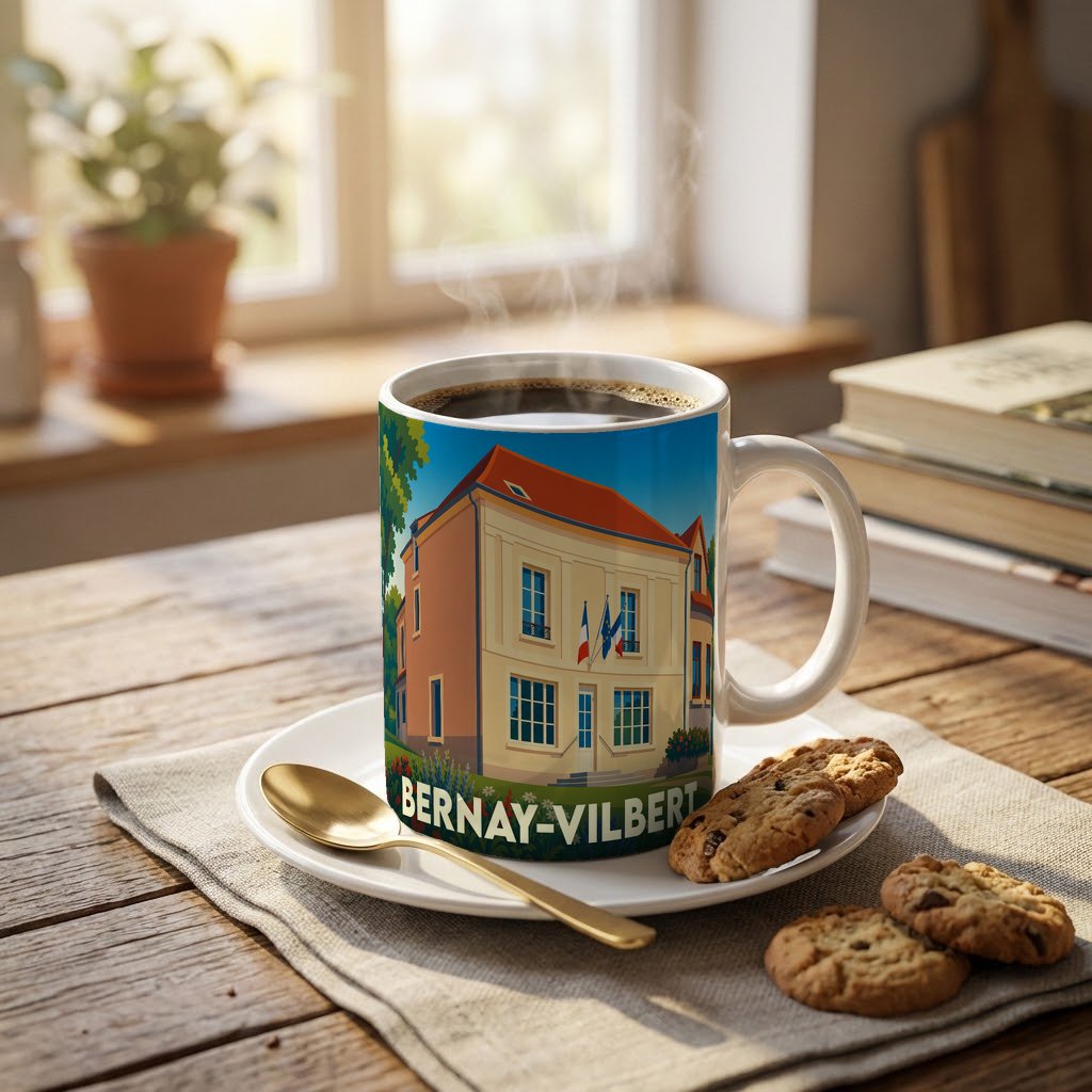 Mug souvenir de la ville de Bernay-Vilbert avec une illustration stylisée de sa mairie.