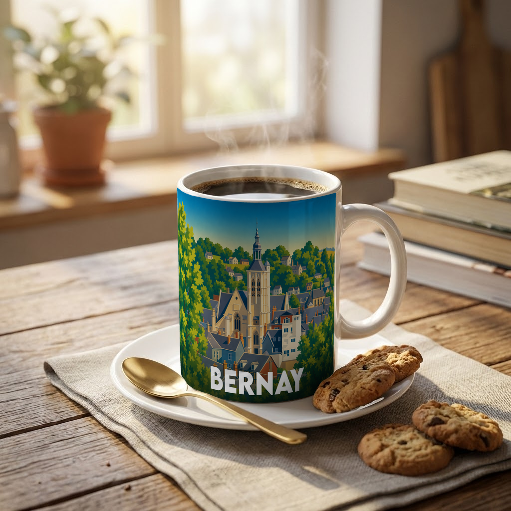 Mug souvenir de la ville de Bernay avec une illustration stylisée et colorée.