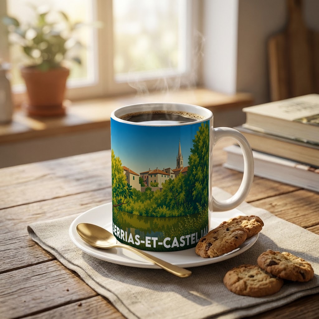Mug souvenir de la ville de Berrias-et-Casteljau avec une illustration stylisée.