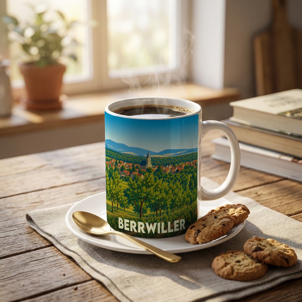 Mug souvenir de la ville de Berrwiller illustré d'un paysage de campagne stylisé.