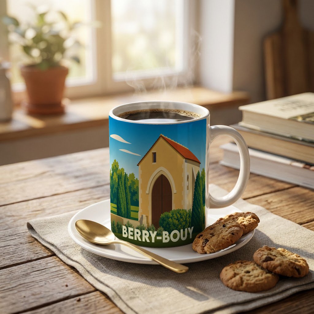 Mug souvenir de la ville de Berry-Bouy avec une illustration stylisée d'un bâtiment historique.