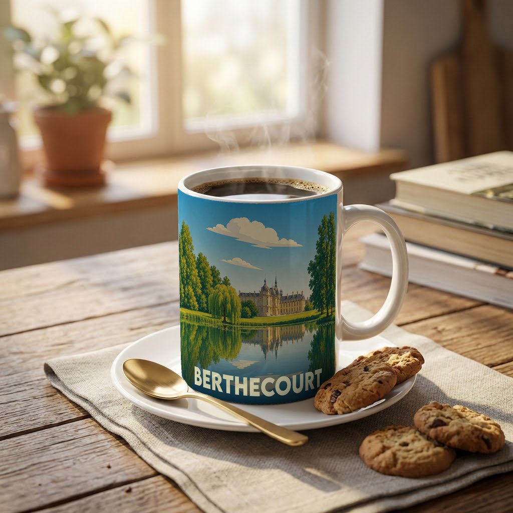 Mug souvenir de la ville de Berthecourt avec une illustration stylisée d'un château se reflétant dans l'eau.